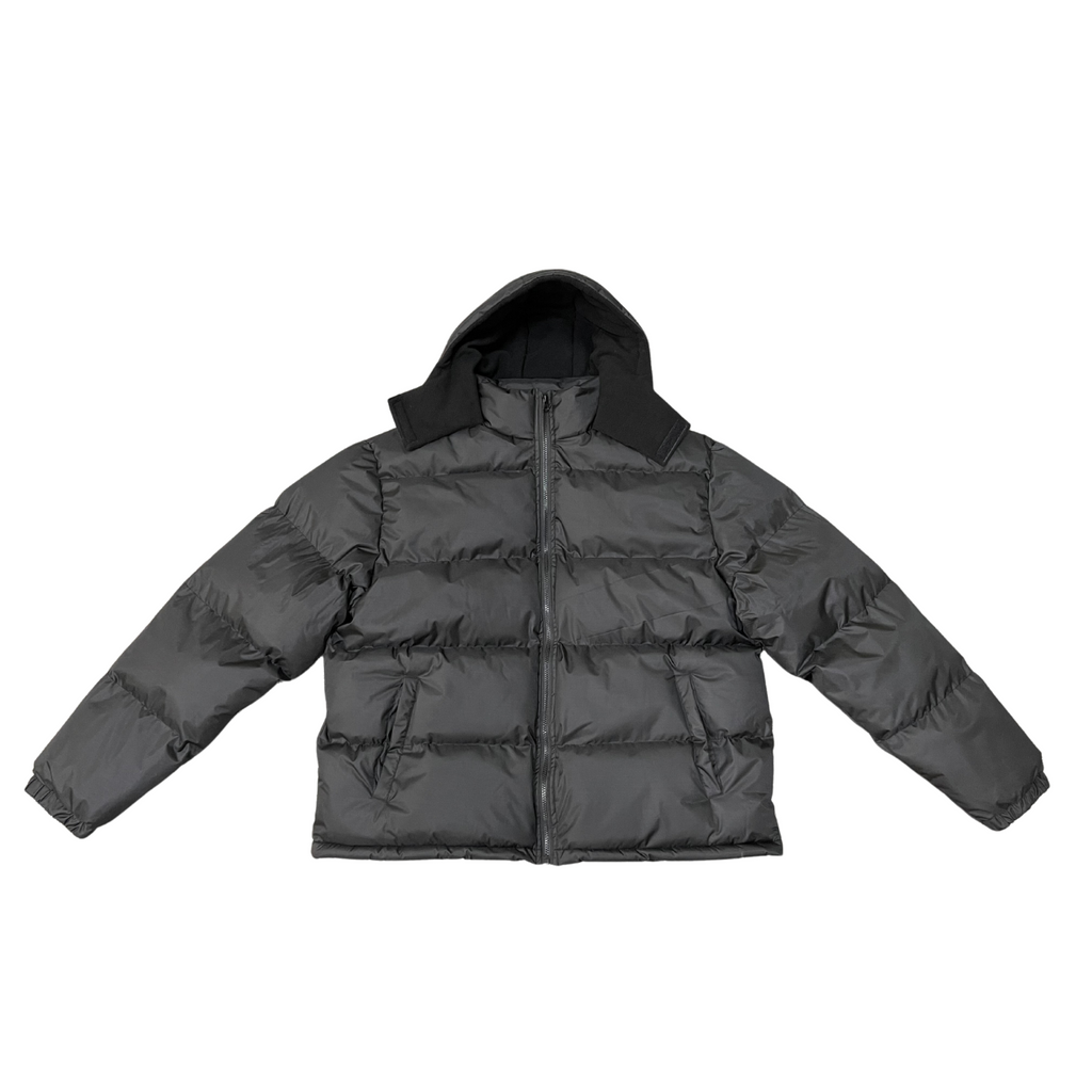 Black bulk wholesale puffer jacket with a hood on a white background