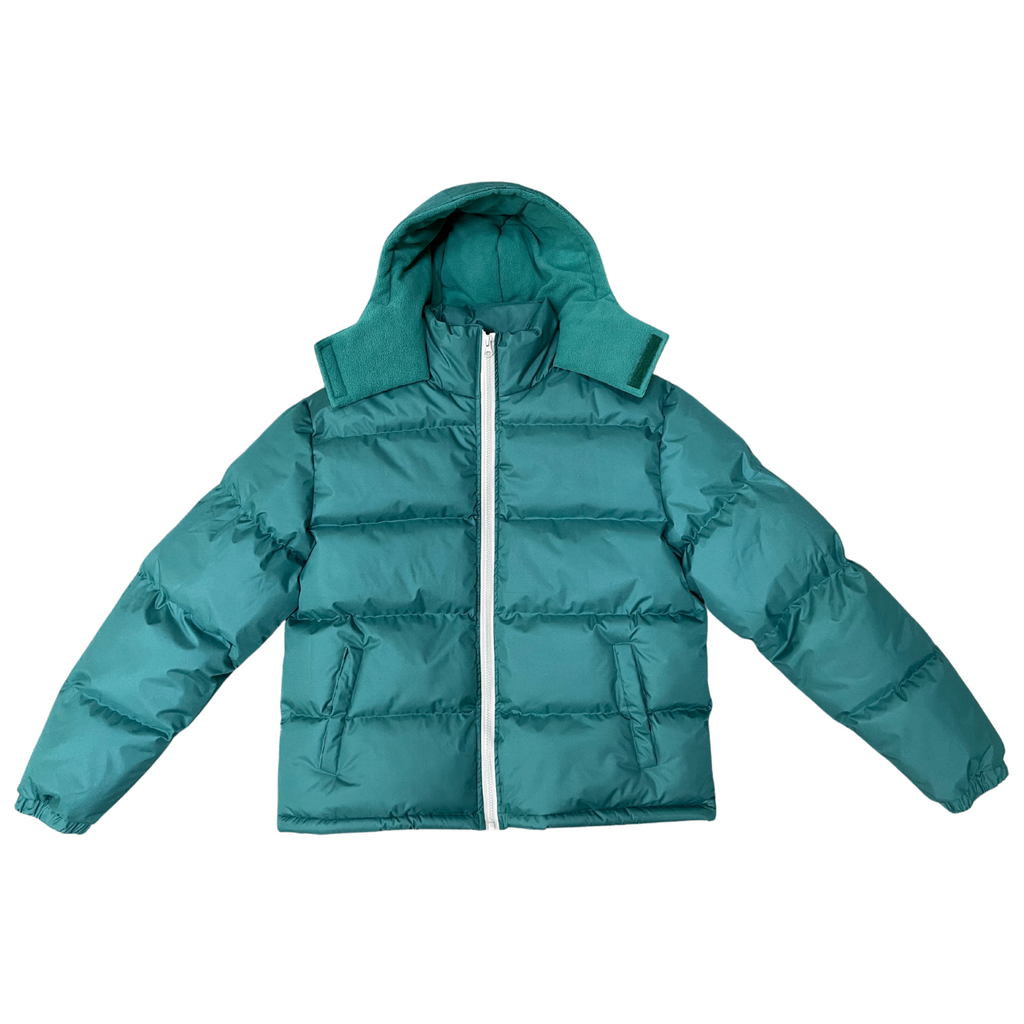 Teal bulk wholesale puffer jacket with a hood on a white background