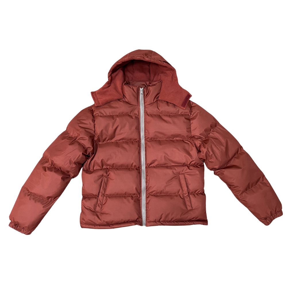 Maroon bulk wholesale puffer jacket with a hood on a white background