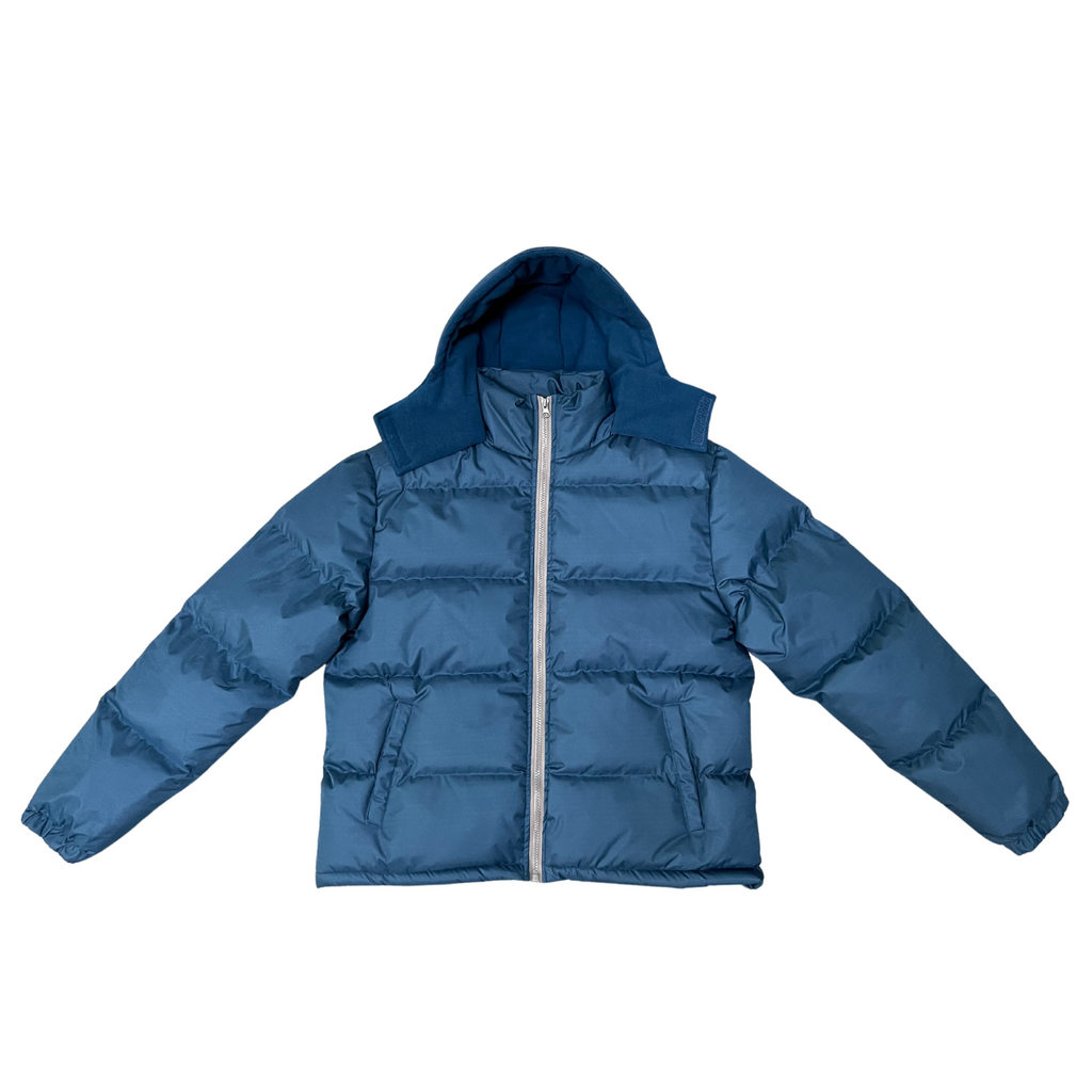 Navy bulk wholesale puffer jacket with a hood on a white background