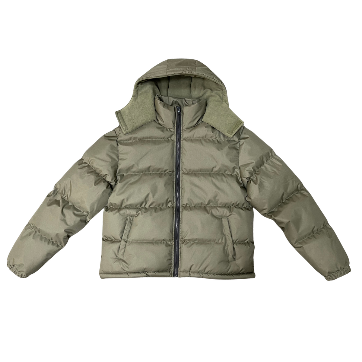 Olive bulk wholesale puffer jacket with a hood on a white background