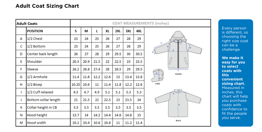 Blu Blusource adult bulk wholesale coat sizing chart with coat images and measurements.