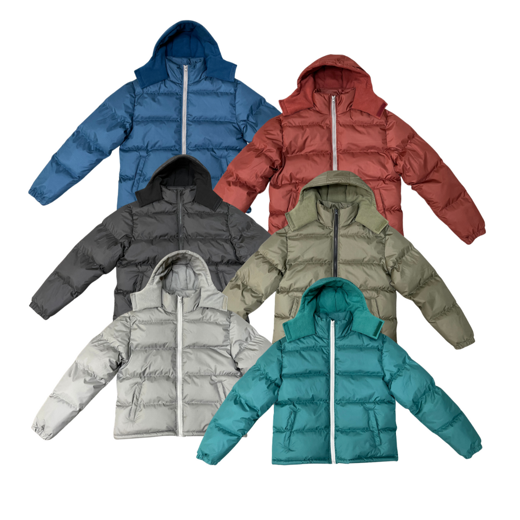 Six bulk wholesale puffer coats/jackets in blue, red, gray, white, gray, and green on a white background