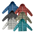 Six bulk wholesale puffer coats/jackets in blue, red, gray, white, gray, and green on a white background